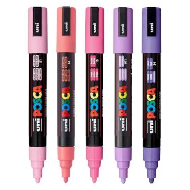 Imagem de posca Marcadores de pintura de arte, conjunto de 5 marcadores médios 5M com pontas reversíveis, coleção rosa/roxo