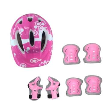 Imagem de KiBcsLic Conjunto de 7 peças para capacete de bicicleta infantil, joelheira, cotoveleira, protetor de pulso, capacete de skate, joelheiras, cotoveleiras, Rosa