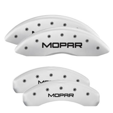 Imagem de Capas de pinça de freio MGP compatíveis com Jeep Grand Cherokee 2011-21, WK 2022 (requer rodas de 43.2 cm+), acabamento branco revestido a pó, logotipo Mopar gravado, capas de pinça dianteiras e