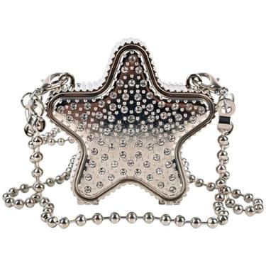 Imagem de QZUnique Mini bolsa de noite de metal bolsa transversal para meninas, crianças, mulheres, laço concha coração estrela bolsa de ombro para casamento, Estrela de strass, Estrela