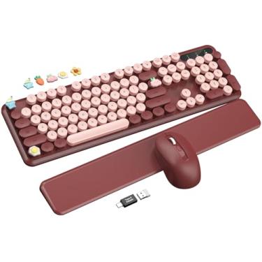 Imagem de Teclado e mouse sem fio – teclas redondas fofas, descanso de pulso removível, teclado de máquina de escrever retrô de tamanho completo com pernas inclinadas, combo sem fio de 2,4 G para mulheres, PC