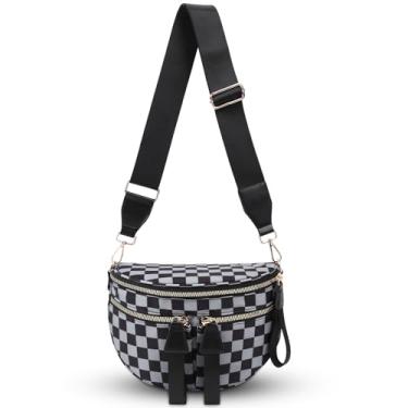 Imagem de hibear Bolsas femininas coloridas quadriculadas transversais, bolsa quadriculada espaçosa, bolsa transversal de nylon, pochete com cinto, Cinza, Moderno
