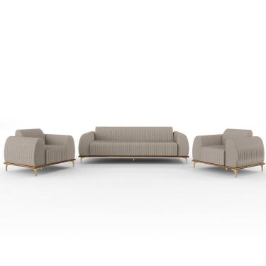Imagem de Kit Sofá 2 Lugares 150cm Com 2 Poltronas Molino Pés D`ouro D02 Linho Bege C-107 - Lyam Decor