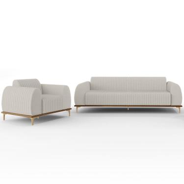 Imagem de Kit Sofá 2 Lugares Sala Estar 150cm Com Poltrona Molino Pés D`ouro D02 Linho Cru C-443 - Lyam Decor