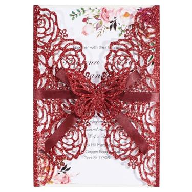 Imagem de 50 peças Borgonha Glitter Convite de Casamento Borboleta Rosa Corte a Laser Manga Convite com Cartão de Convites Personalizados, Envelopes Brancos, para Casamento Chá de Noiva Noivado (Cartão em