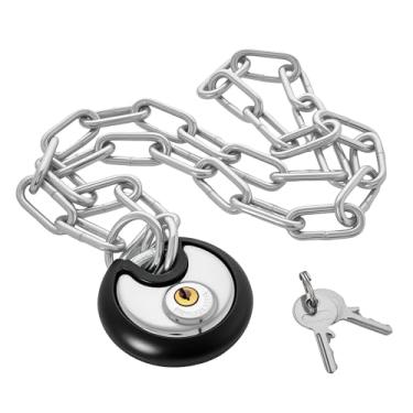 Imagem de Cadeado de disco resistente preto de 70 mm com corrente de prata para armários de armazenamento ao ar livre para portas deslizantes, caixas de ferramentas e armários