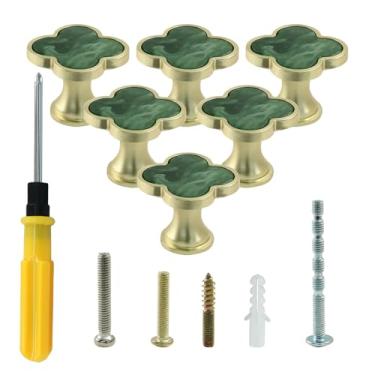 Imagem de BokWin Pacote com 6 maçanetas de gaveta de mesa trevo de quatro folhas, maçaneta verde fofa de liga de zinco, puxador de orifício único, puxadores pequenos de armário (com parafusos de montagem)