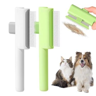 Imagem de 2 Pentes de pulgas para animais de estimação, pente de remoção de pelos de cães e gatos com botão de liberação, escova autolimpante para derramamento, massagem, pelo curto e longo (branco e verde)