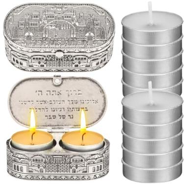 Imagem de Skybooly Castiçais de metal para viagem de Shabat judeu, castiçais de Jerusalém, tamanho de viagem, com 10 peças, mini velas de tealight, velas votivas brancas, conjunto sem perfume para shabat