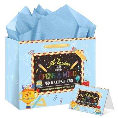 Imagem de HSKMAKE Sacos de presente de agradecimento do professor azul conjunto de presente de professor com cartão comemorativo, envelope e lenço de papel grande para educadores, graduação, suprimentos de