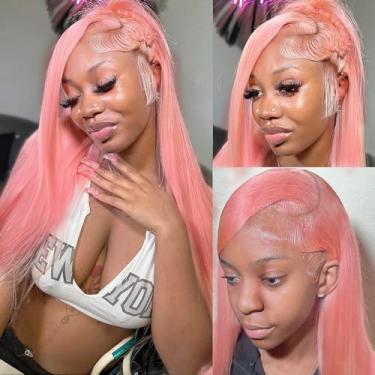 Imagem de ANDRIA Peruca frontal 13X4 HD de cabelo liso rosa sem cola, 200% de densidade, rosa hilghlight, peruca natural, longa, lisa, pré-arrancada, com cabelo de bebê, para mulheres negras, 81 cm