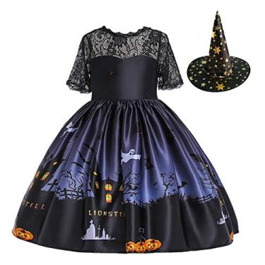 Imagem de Fantasia de Halloween para meninas FMYFWY com chapéu de bruxa para crianças Festa chique Cosplay Roupas Fantasma Abóbora Caveira Impressa Vestido, Preto, 3T