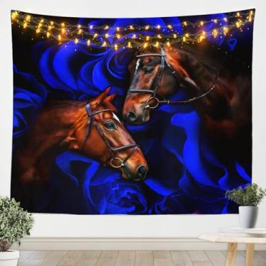 Imagem de Tapeçaria de cavalo selvagem para pendurar na parede rústica marrom casa de fazenda decoração de quarto de animais tapeçarias para crianças, meninos, flores azuis, floral preto, cobertor de parede