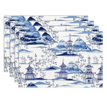 Imagem de Conjunto de 4 jogos americanos japoneses, 30,5 x 45,7 cm, vintage, asiático, oriental, chinoiserie, paisagem, sazonal, primavera, férias, tapetes de mesa para festa, cozinha, decoração de jantar