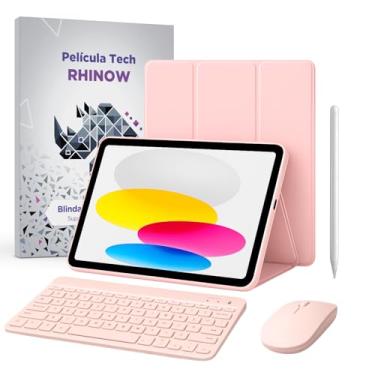 Imagem de Kit Capa Rosa com suporte de caneta para iPad 10ª e 11ª geração + Película de vidro + Caneta Precision + Teclado e Mouse (Rhinow)