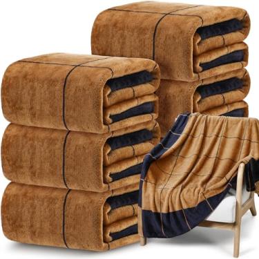 Imagem de Tinideya 6 mantas de flanela de lã xadrez a granel cobertores de lã xadrez leves e quentes para cama, sofá, presentes de casamento para todas as estações 127 x 152 cm (preto marrom)