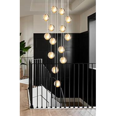 Imagem de Luminária pendente de cristal ajustável moderna para escadas, sala de estar, sala de jantar, quarto, lustre decorativo com cúpula de vidro (placa redonda com 14 luzes)
