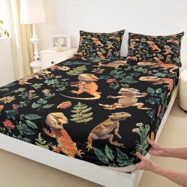 Imagem de Jogo de cama Queen com desenho de dragão barbudo, lagarto e animais répteis, decoração de quarto de meninas, meninos, flores, folhas, botânico, ocidental, exclusivo, lençol com elástico, 2 fronhas