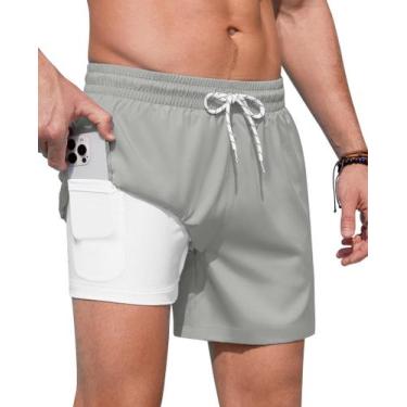 Imagem de Calções de banho masculinos Gleeease com forro de compressão cinza cla