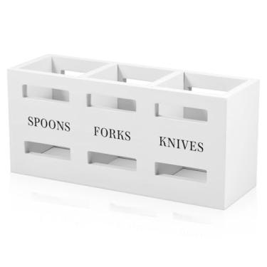 Imagem de Organizador de utensílios com 3 compartimentos, suporte de utensílios de madeira, suporte de talheres multiuso de 25,5 x 8,5 x 11,5 cm para garfos, colheres, cortadores e decoração de balcão (branco)
