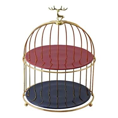 Imagem de Suporte de bolo para sobremesa de sobremesa para sobremesa, cosméticos, metal dourado, suporte de exibição de sobremesa com bandeja de cerâmica e topo de alce para celebrações, decorações de casa