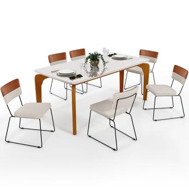 Imagem de Mesa Capri 160 cm Off White Com 6 Cadeiras Allana B05 Faixa Couríssimo Camel Linho Cru - Lyam Decor