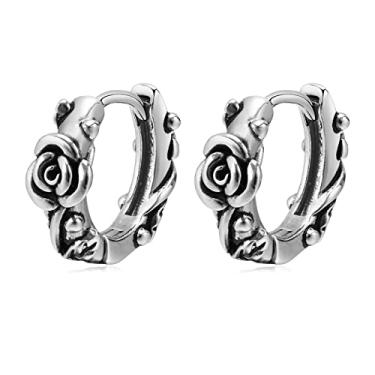 Imagem de Rockyu Brincos masculinos de argola de prata rosa de aço inoxidável hipoalergênicos design de flores joias masculinas, Aço inoxidável