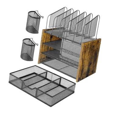 Imagem de Generic Organizador de mesa de malha de 4 camadas, 5 suportes verticais para arquivos, bandeja de papel de madeira estilosa para papelaria, salas de aula, E Gaveta