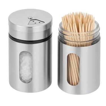 Imagem de Kit 2 Porta Condimentos Saleiro Pimenteiro Paliteiro em Aço Inox e Vidro com Tampa Giratória e Visor- 100ml, Design Moderno, Fácil Limpeza