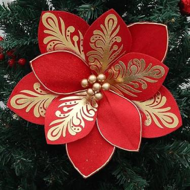 Imagem de wybcfp 4 peças de enfeites de flores de Natal grandes, decorações de árvore, poinsétia de Natal, flores artificiais de Natal com hastes para guirlanda de árvore de Natal, decoração de festa de