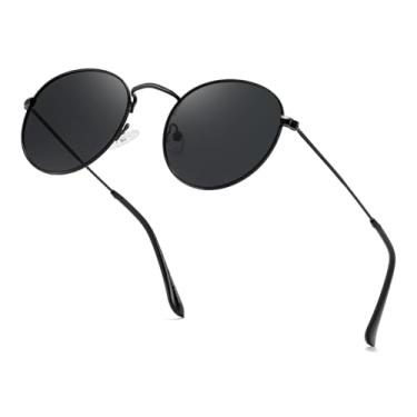 Imagem de Óculos de sol polarizados modernos para mulheres e homens, óculos de sol com armação de metal redondo retrô, Preto/cinza