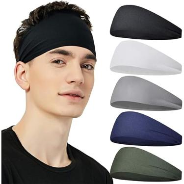 Imagem de Pacote com 5 faixas de cabelo masculinas, esportivas para homens e mulheres, faixa de cabeça com absorção de umidade para corrida, ciclismo, tênis, ioga, academia, malhar