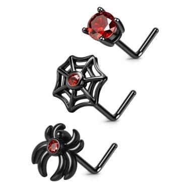 Imagem de BodyBonita Anel de piercing de nariz de Halloween, anéis de nariz de aço cirúrgico 316 20G, joia de piercing de nariz em forma de L, pingente de teia de morcego de aranha coração vermelho zircônia