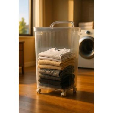 Imagem de Cesto Organizador Luxo Transparente com Rodinhas  Ideal para Lavanderi