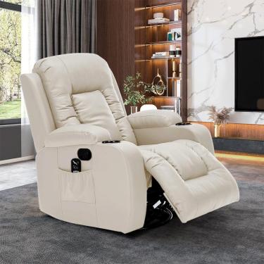 Imagem de Poltrona Do Papai Sala De Estar Giratória Reclinável Manual Austin Aquecimento Massagem Pu Bege G94 - Gran Belo