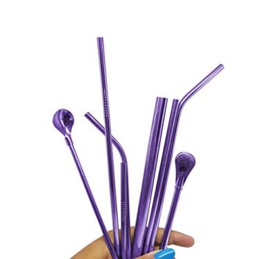 Imagem de Kit Completo 10 em 1 – Canudos de Inox Reutilizáveis com Escova, Estojo e Modelos Variados | Perfeito para Smoothies, Sucos e Drinks (Roxo)