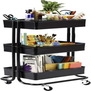 Imagem de Carrinho Multiuso Organizadora 3 Prateleiras Em Aço Preta Quarto Sala Brinquedos Salao Manicure Varanda