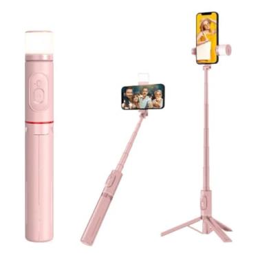 Imagem de Bastão de Selfie Com Luz Led Tripé Para Celular Dobrável Pau de Selfie Bluetooth Controle Remoto 3 em 1 Câmera Selfie stick(Rosa)
