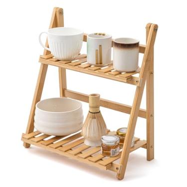 Imagem de Yalikop Prateleira de estação Matcha, organizador de estação de café de 29 cm, suporte de caneca de bambu de 2 camadas, prateleira de vaso de flores para casa, sala de estar, peitoril de janela