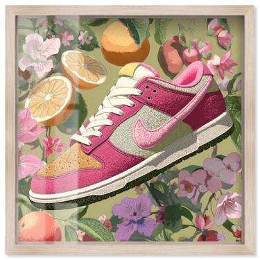 Imagem de Tênis Lost Floral and Fruits Shadowbox Print Pink Fashion Art by Art Remedy, moldura loira, 61 x 61 cm