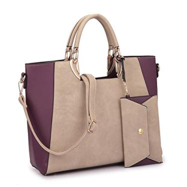 Imagem de Bolsa feminina de couro vegano em dois tons, bolsa de trabalho com alça superior grande com alça de pulso combinando, Pedra, 13.5"–15.5"W x 11.75"H x 5.75"D