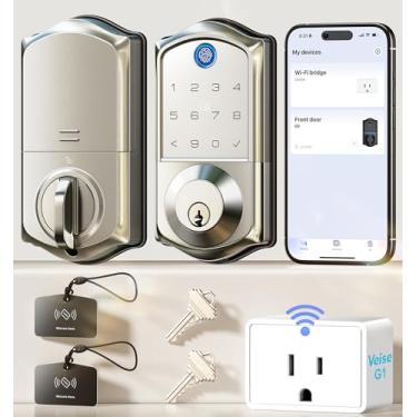 Imagem de Veise VE017G Fechadura de porta de entrada sem chave Wi-Fi com impressão digital, controle remoto de aplicativo, travas inteligentes para porta da frente, fechadura de teclado eletrônico, trava