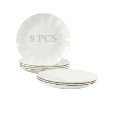 Imagem de TAMAYKIM Pratos de jantar de salada de porcelana de 26 cm, 8 peças, prato redondo para massa/bife com borda de pétala, conjuntos de louça de servir, resistente a arranhões, seguro para micro-ondas