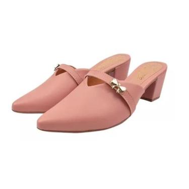 Imagem de Mule Scarpin Nude Salto Alto Grosso Lacinho Sapato Bico Fino Casual Fe