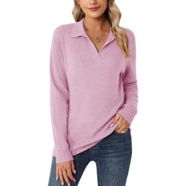 Imagem de Suéter Romanstii feminino de malha polo com decote em V roxo claro