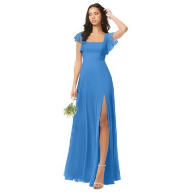 Imagem de Vestido de dama de honra Oisslec Long Chiffon Blue Jay A Line feminino