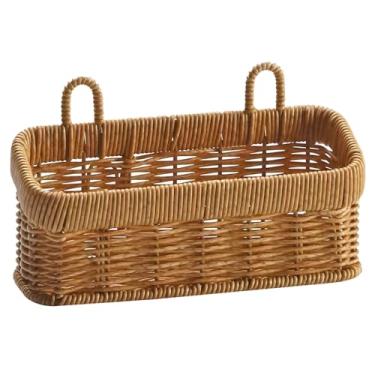 Imagem de 21 x 12 x 7,9 cm Cesto de frutas de parede de vime falso para cozinha, suporte de ovo, prateleira retangular de armazenamento de orelha dupla cesta suspensa