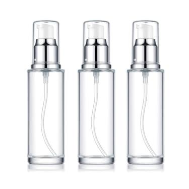 Imagem de ROHIJALE 3 pacotes de frascos dispensadores de loção de vidro transparente 60 ml frasco de loção vazio com bomba recipientes de creme doméstico recarregáveis, frascos de amostra de viagem para óleos