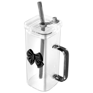 Imagem de Copo de vidro transparente com alça, caneca fofa de chá de limão com tampa e canudo para café e bebidas ao leite