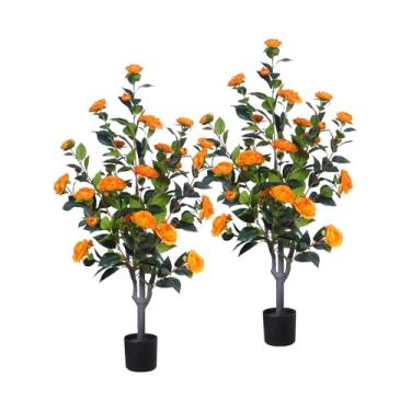 Imagem de Camélia artificial de 9 m, camélia falsa, vaso falso de camélia, planta de flor de camélia, laranja, vaso sintético, decoração interna e externa para casa, escritório, varanda, pátio, pacote com 2
